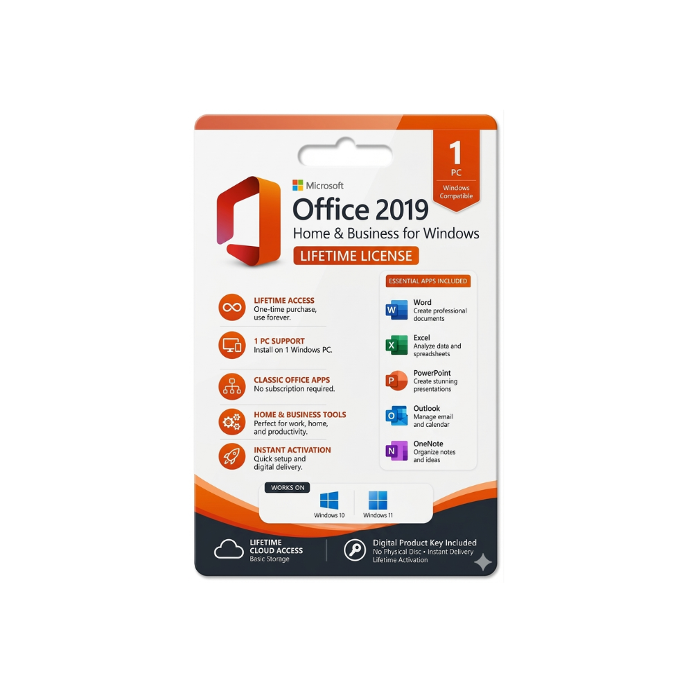 Microsoft Office 2019 Home & Business for Windows – Genuine License Key